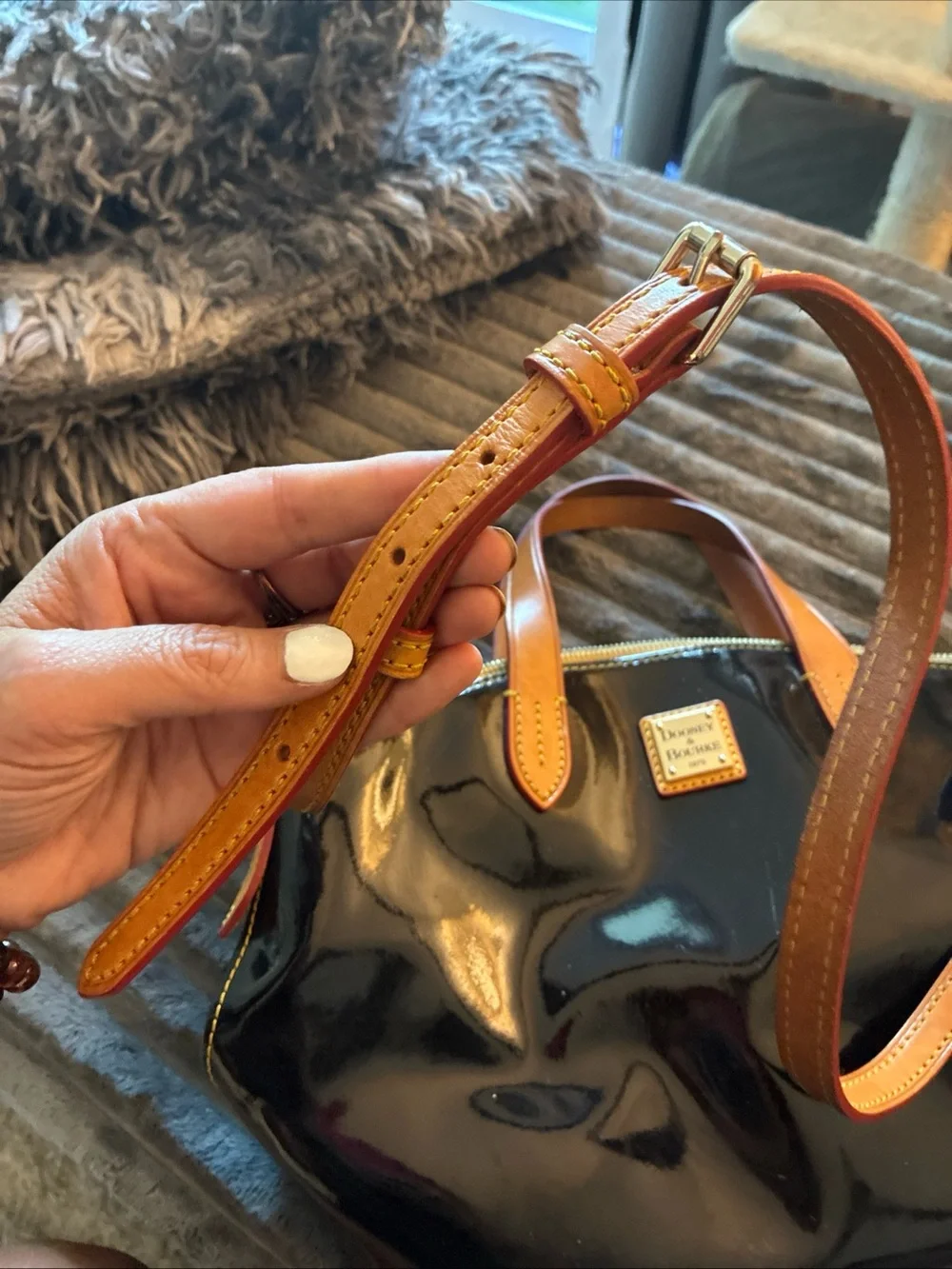 Dooney & Bourke Black Patent Shoulder Satchel with Tan Trim